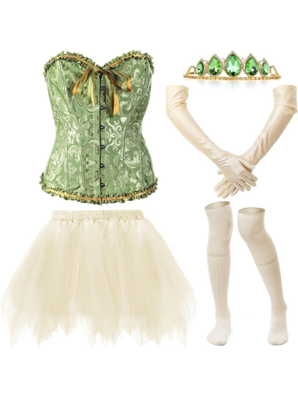 Adult Princess Costume Set - Corset, Tiara, Mini Skirt, Satin Gloves & Socks